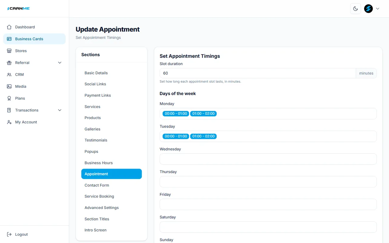 Appointment section with slot duration and time slots