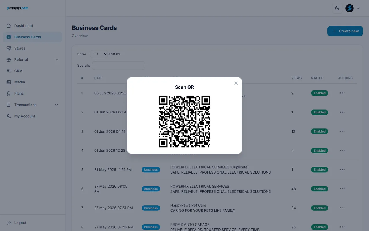 نافذة رمز QR لبطاقة