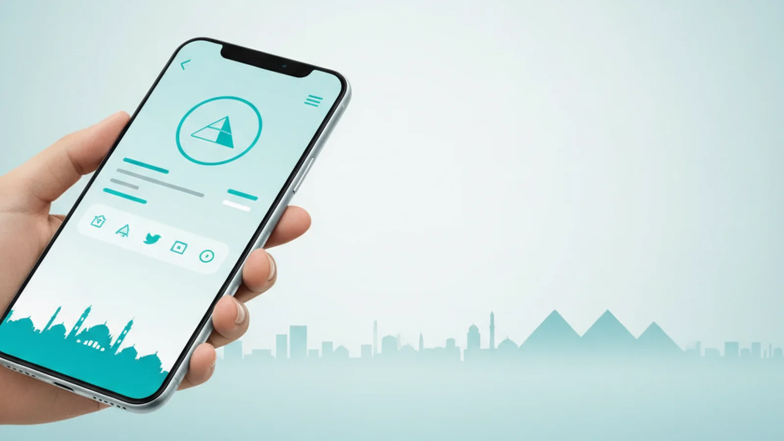 A digital business card on a smartphone screen with the pyramids of Giza, Egypt in the background.
