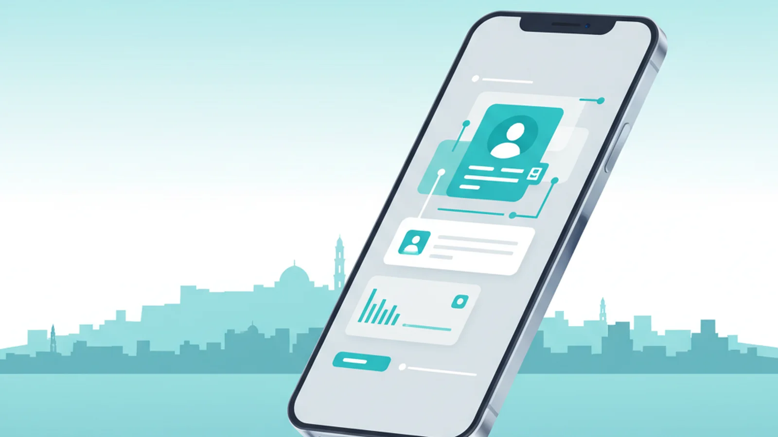 A digital business card on a smartphone screen with the Amman skyline in the background.