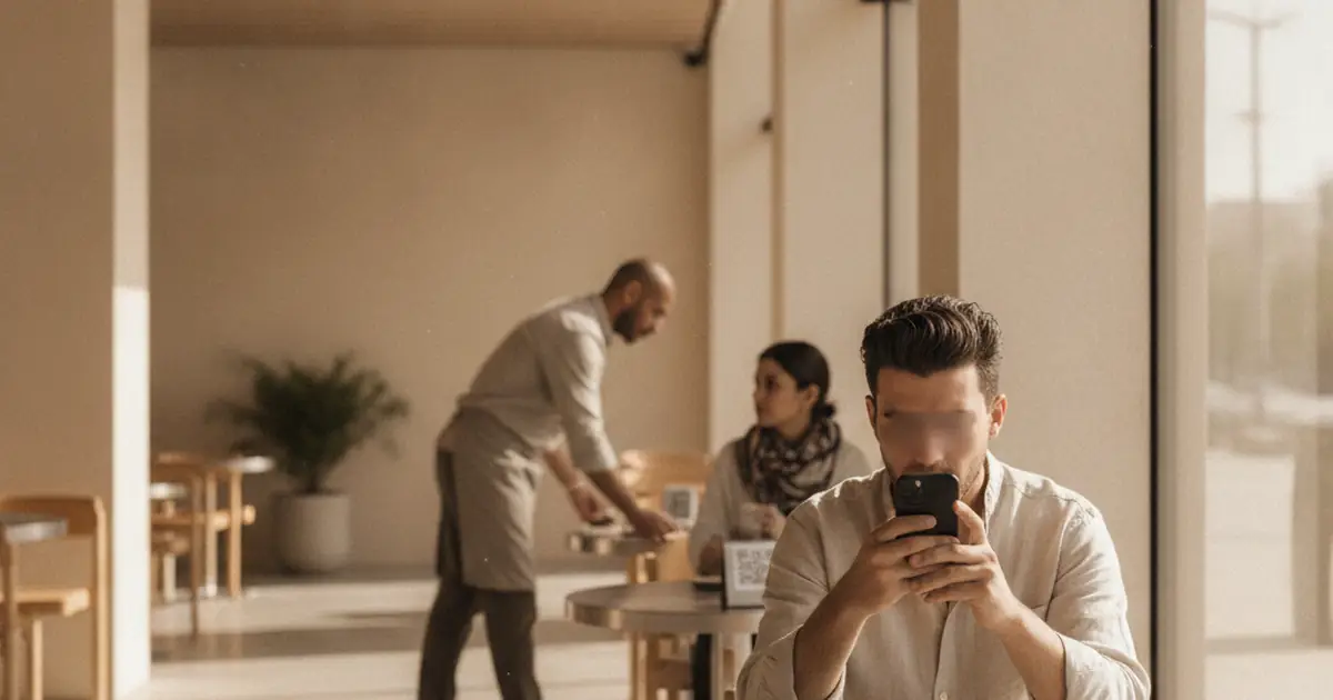 A guest at a cafe table in Riyadh holding a phone over a small QR stand while a server clears cups at the next table.