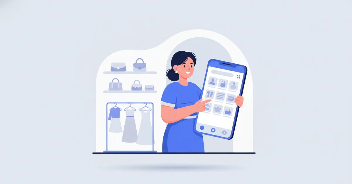Small boutique owner managing WhatsApp store catalog on phone in shop