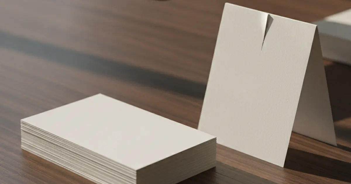 A printed business card on a studio desk in raking window light, ready to be scanned, with a phone held above it out of focus.