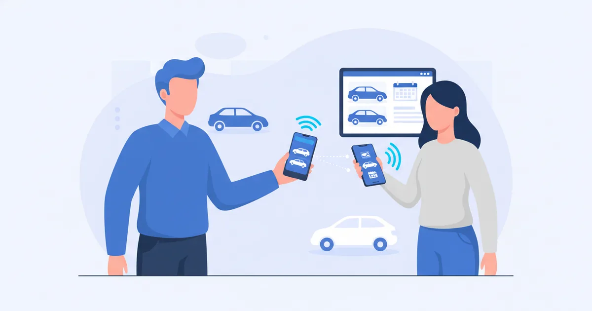 Automotive sales consultant sharing NFC digital card with customer at car dealership