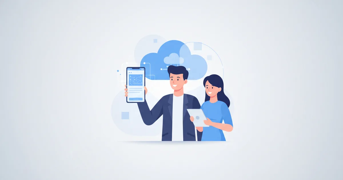 Freelancer showing digital business card on phone to client