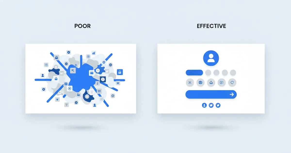 Split-screen showing poorly structured digital card vs high-converting version