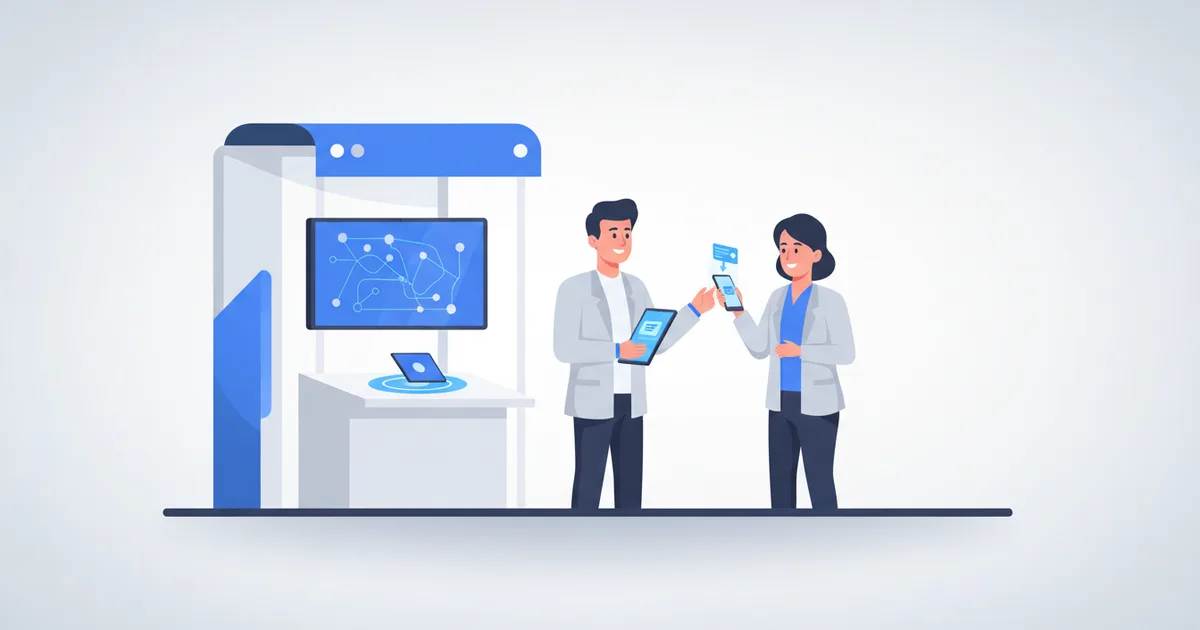 Professional exchanging digital business card at trade show booth