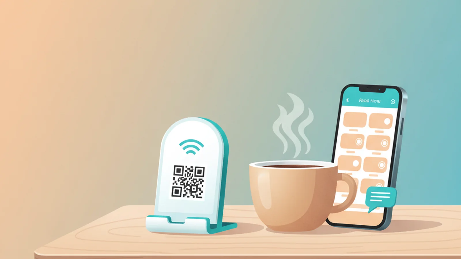 A cafe table QR and NFC card opening a bilingual ScaanMe digital menu that customers order from on WhatsApp