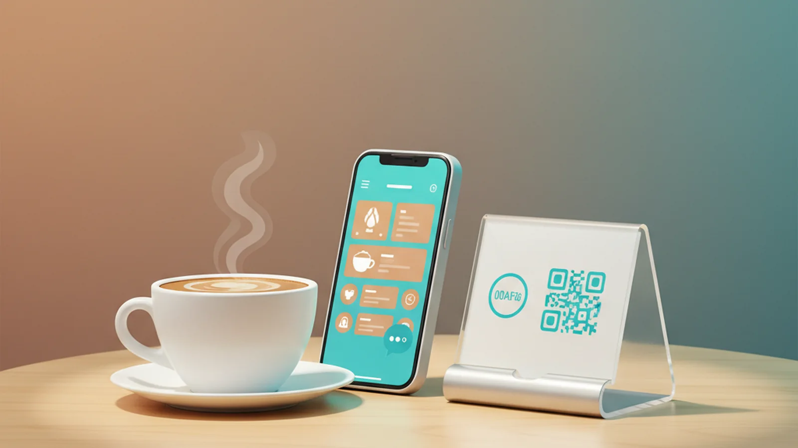 A smartphone displaying a digital menu for a Syrian restaurant with a QR code on a table in the background.
