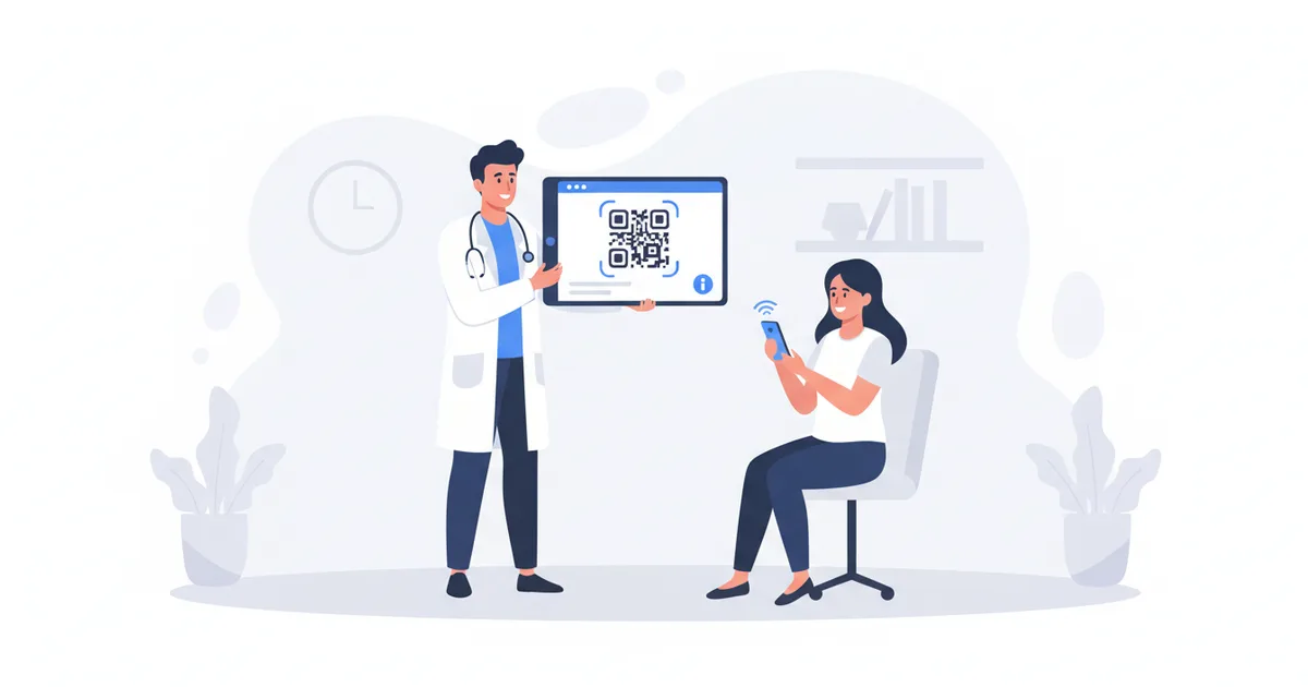 طبيب في عيادة يعرض بطاقة رقمية على مريض مع رمز QR