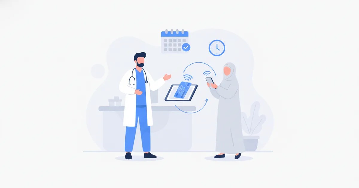 Doctor showing NFC digital business card to patient in clinic