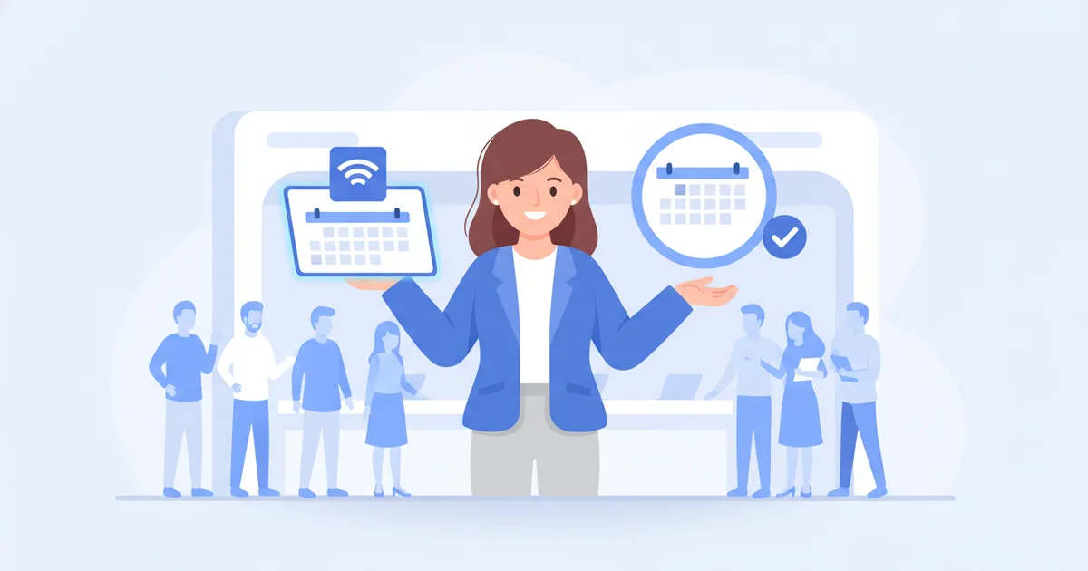 Teacher presenting digital business card at education fair with booking calendar