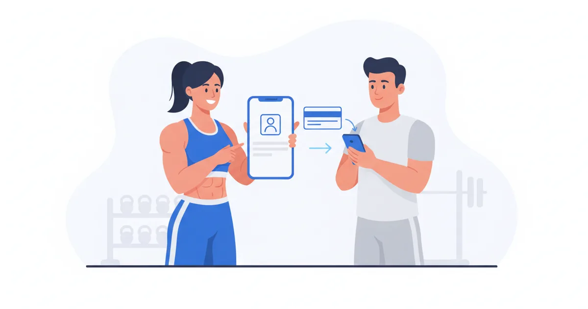 Personal trainer sharing digital business card with client at gym
