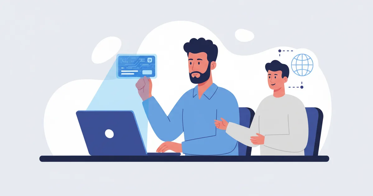مستقل مغاربي يعمل على حاسوبه ويعرض بطاقته الرقمية لعميل دولي