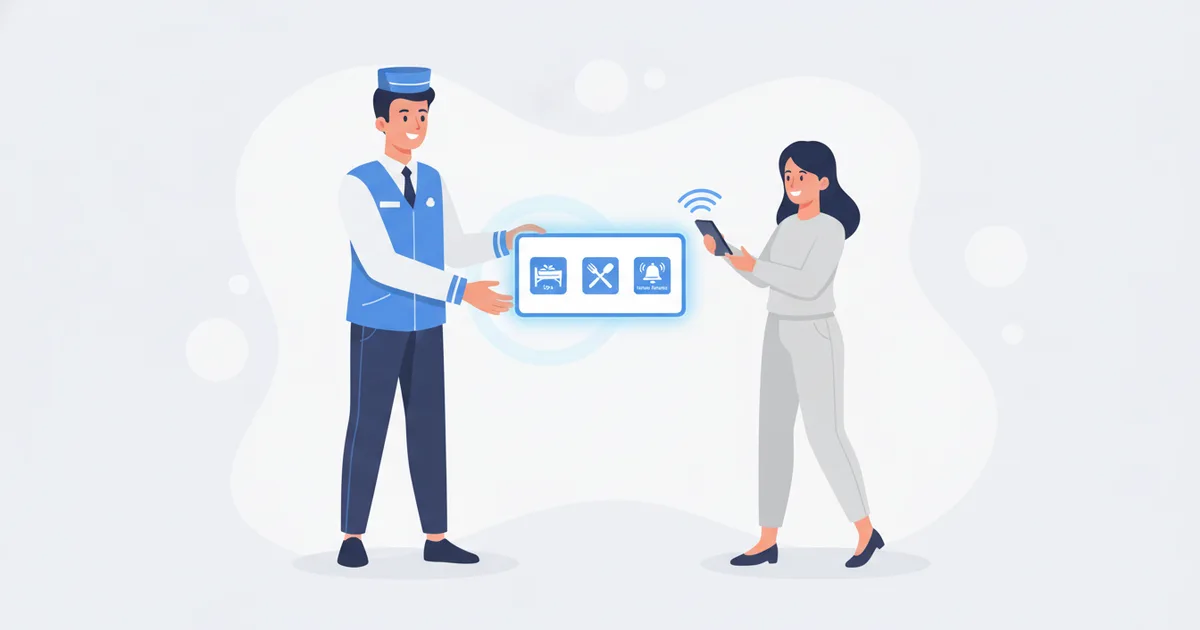 Hotel concierge presenting NFC digital card to guest with spa and dining options