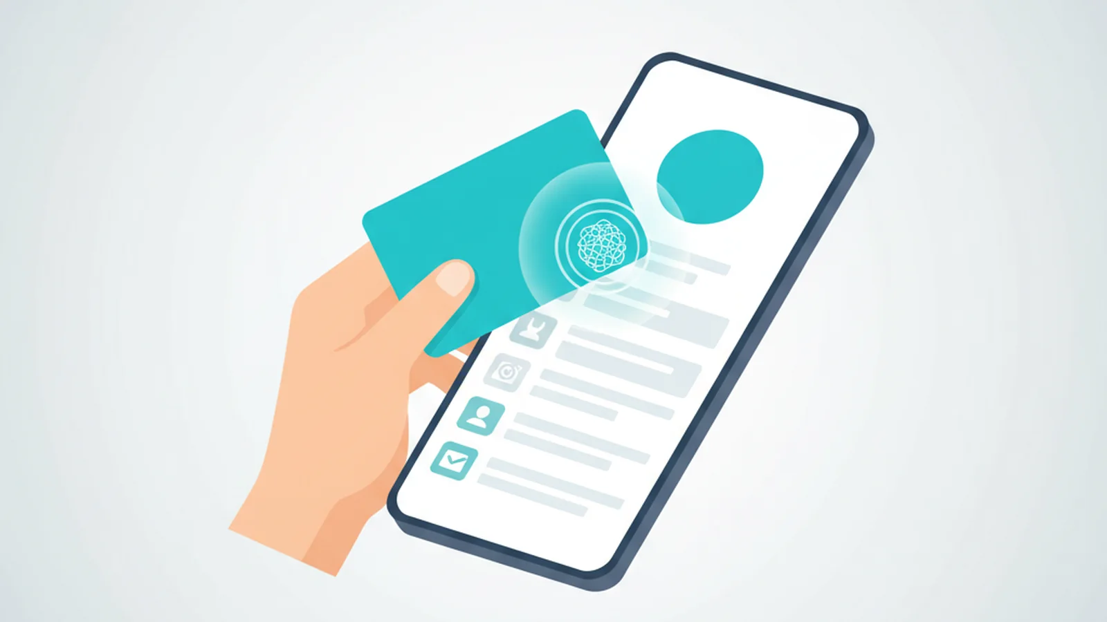 A hand holding a generic white NFC card next to a smartphone displaying a ScaanMe digital business card profile.