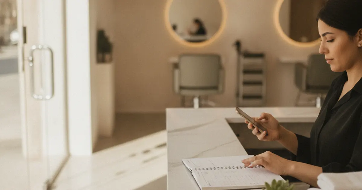 A receptionist at a beauty salon in Amman checking a phone calendar beside an open paper appointment book.