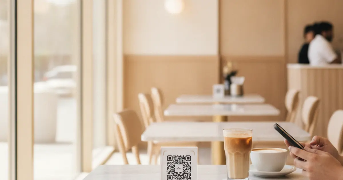 A waiter placing a small QR code stand on a marble table in a Kuwait City cafe while a seated customer holds up a phone.
