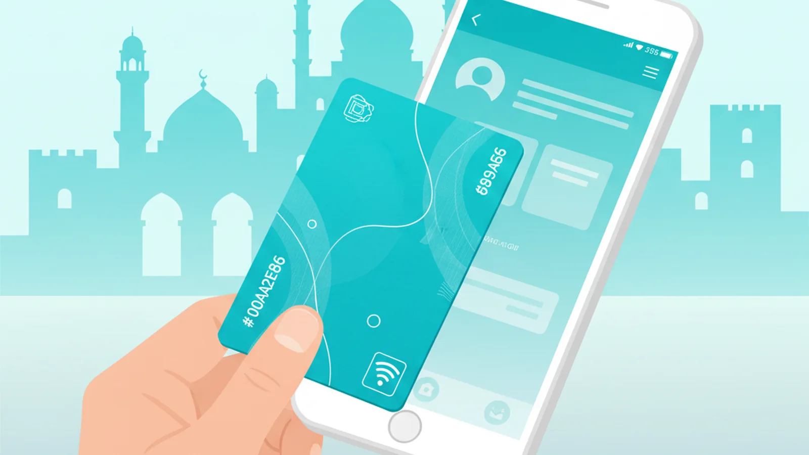 A professional in Damascus tapping an NFC card on a smartphone with a ScaanMe profile displayed.