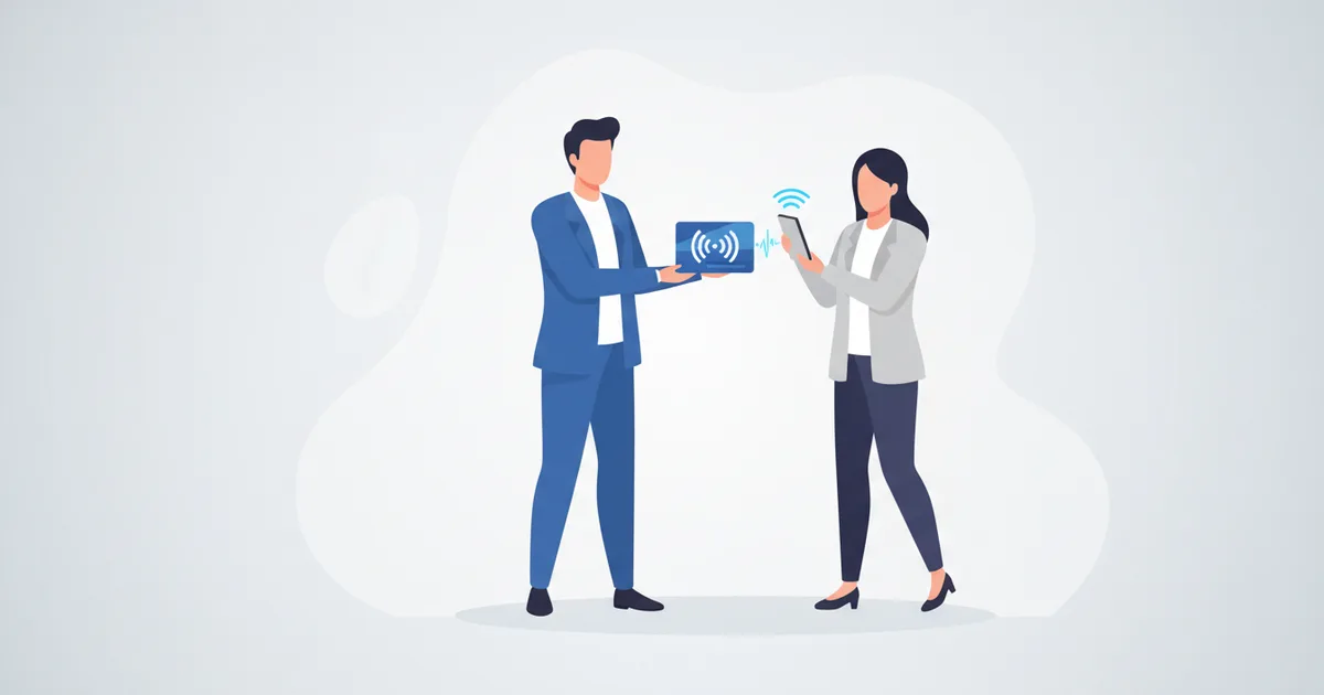 محامٍ في الكويت يستخدم بطاقة NFC مع عميل في اجتماع مهني