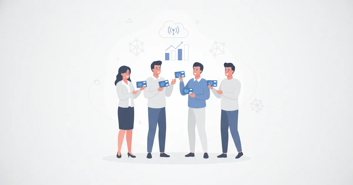 Corporate team members holding branded NFC digital business cards