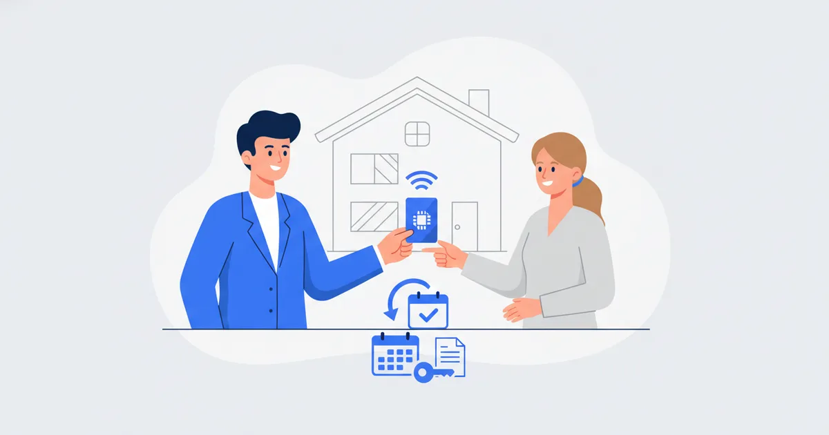 Real estate agent handing NFC card to client at property