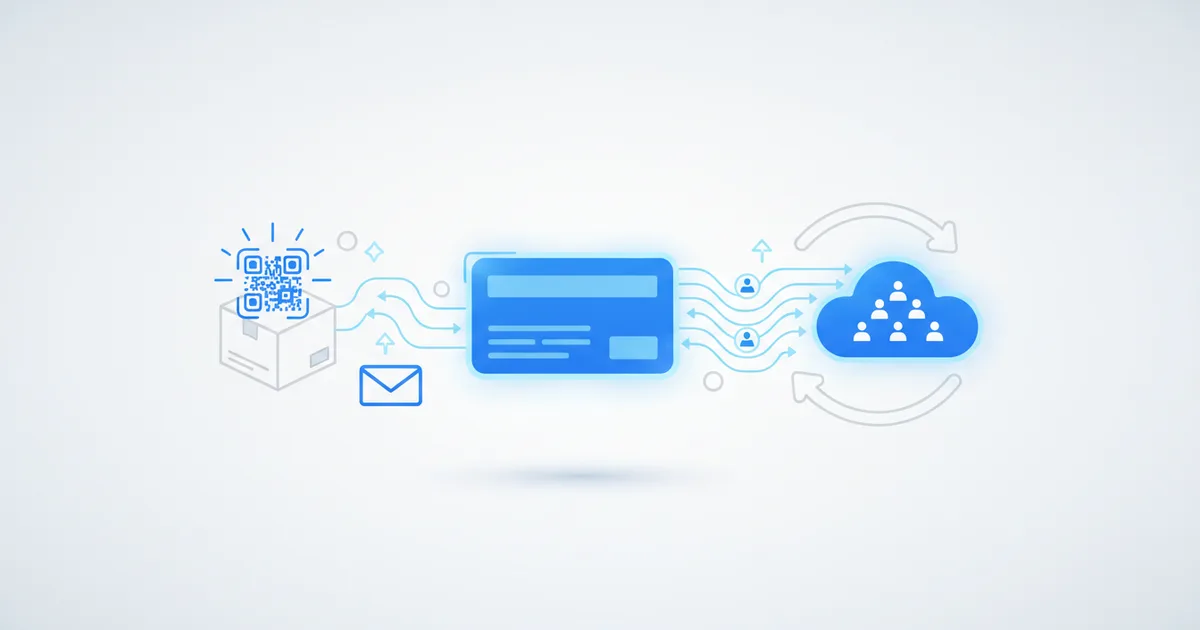 Digital business card working passively showing leads being generated from QR sticker product packaging and email signature