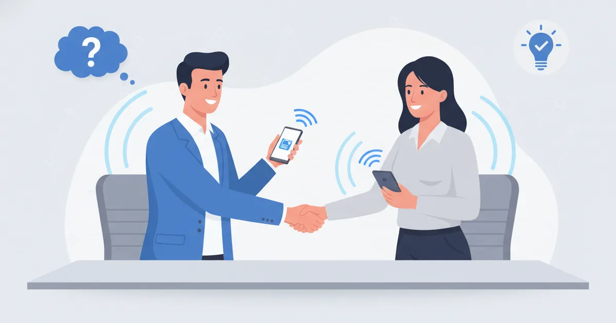 Professional naturally sharing NFC digital card in business meeting handshake moment