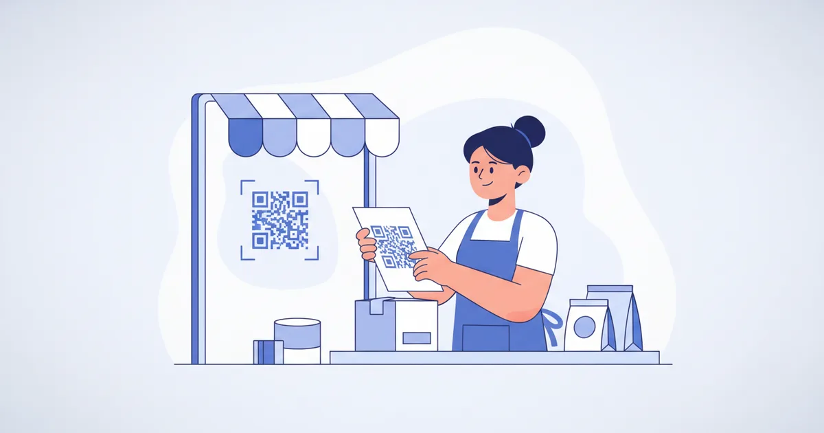 Small business owner placing QR codes on product packaging and storefront