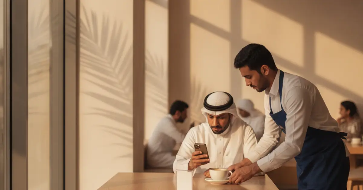 A guest at a cafe table in Riyadh holds a phone above a small wooden table stand while a waiter sets down a coffee cup.