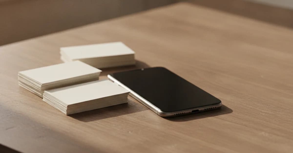 Stacks of blank paper business cards next to a smartphone on a wooden desk