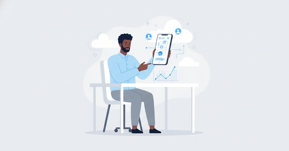 صاحب عمل صغير في الخرطوم يراجع تحليلات زوار البطاقة الرقمية على هاتفه
