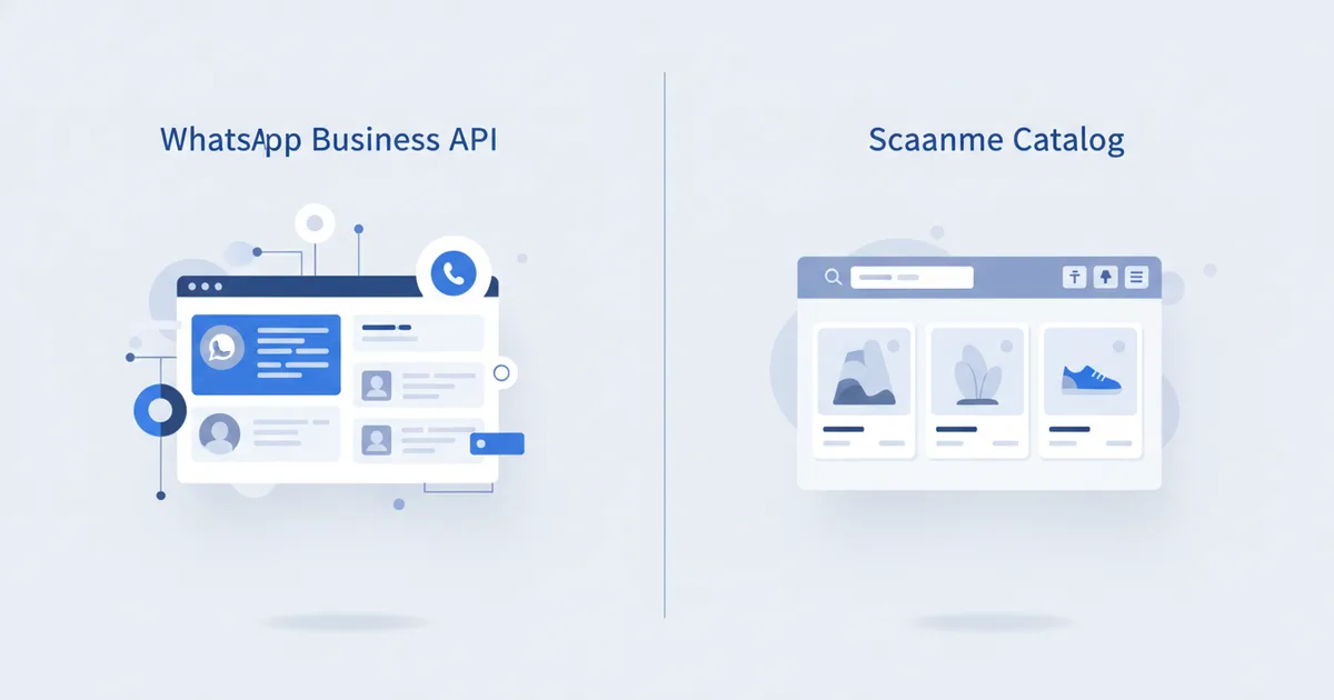 Side-by-side comparison of WhatsApp Business API dashboard and Scaanme store catalog