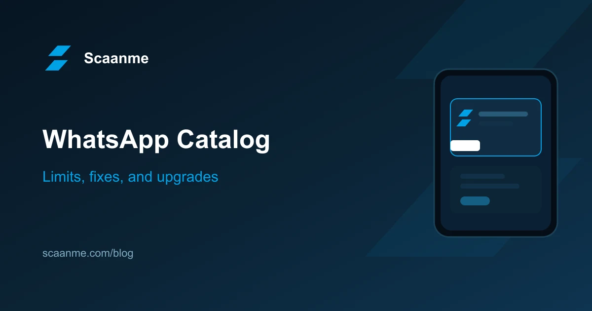 WhatsApp Business catalog on a phone beside a branded Scaanme WhatsApp store page