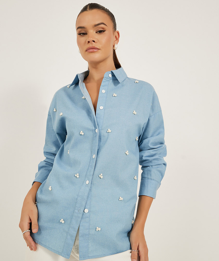 embellished blouse with faux pearls and long sleeves