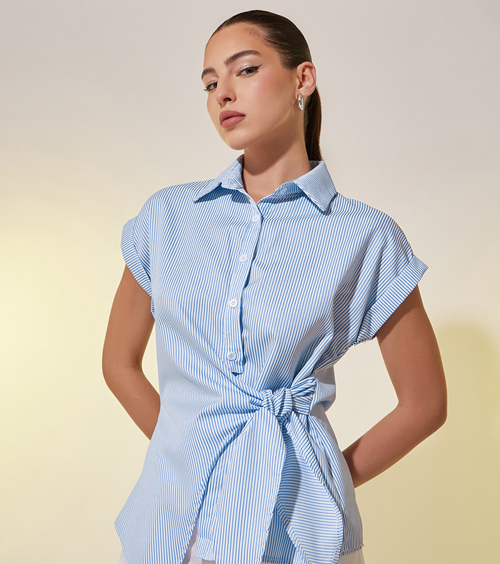 Striped Wrap Short Sleeve Blouse