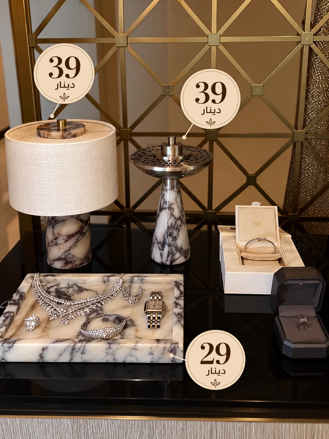 Marble lamp, incense burner & tray set